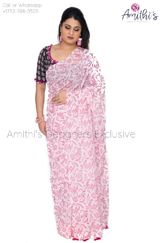 Pretty Pink Gorgette Saree With Black Work Blouse Casual Relaxed Blouse