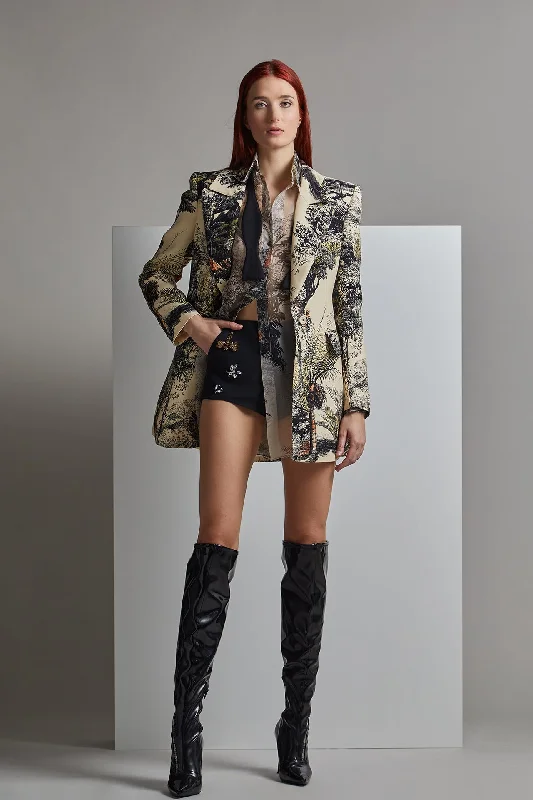 Printed jacket and blouse with shorts Notch Collar Jacket Peter Pan Collar Jacket Cowl Neck Jacket