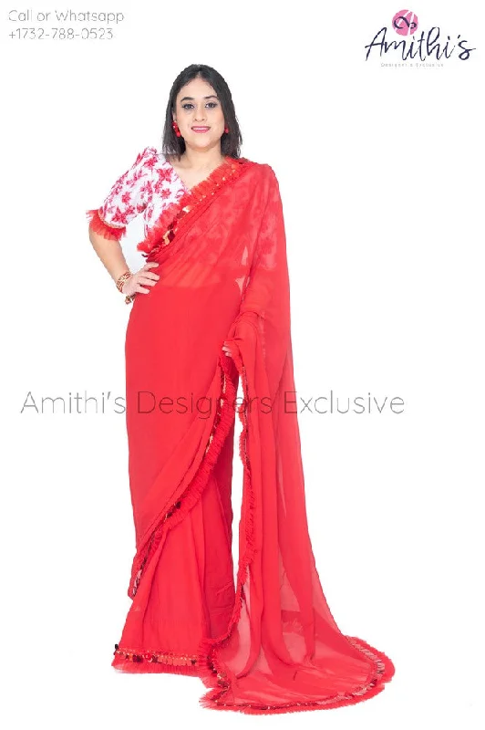 Red Color Georgette Saree With Floral Blouse Double Button Blouse