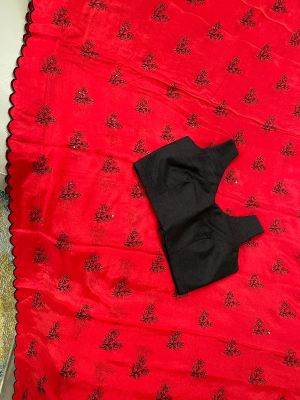 Red Embroidery Saree With Black Raw Silk V neck Blouse Silky Tunic Blouse