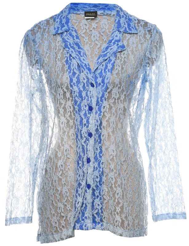 Sheer Blue Lace Evening Blouse - L Elegant Embroidery Blouse