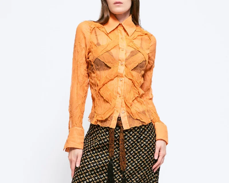 Small 90s Y2K Orange Sheer Crinkle Textured Blouse Office Formal Blouse