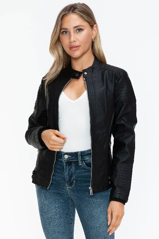 Snobbish Faux Leather Biker Jacket with Side Zip Pockets In Black Cardigan Sweater Pullover