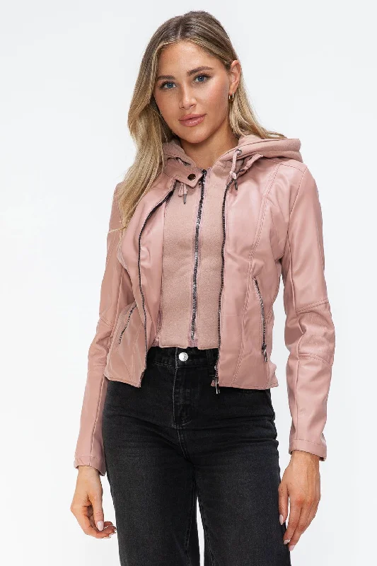 Snobbish Faux Leather Zip Up Drawstring Hooded Jacket In Mauve Notch Collar Peter Pan Collar Cowl Neck