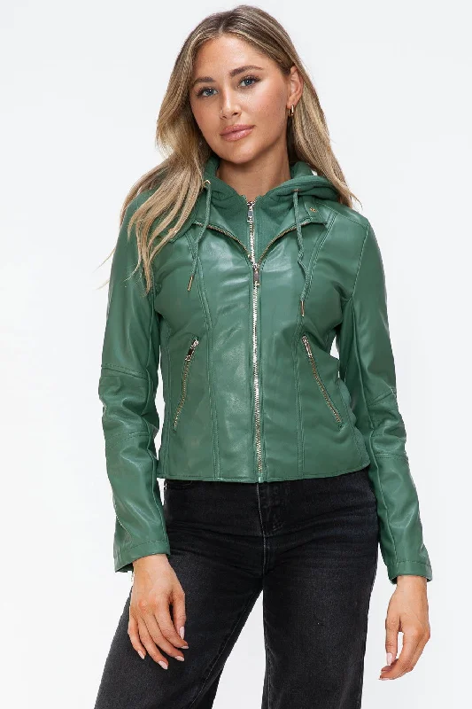 Snobbish Faux Leather Zip Up Drawstring Hooded Jacket In Sage Rayon Jacket Velvet Jacket Corduroy Jacket