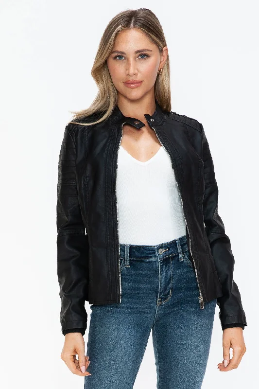 Snobbish PU Leather Biker Jacket with Side Zip Pockets In Black Jacket Blazer Coat