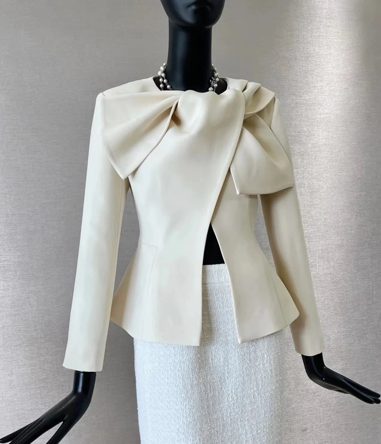 Tailor Shop Slim Classic Cream Crepe Bow Neck Bride Long-sleeved Only Jacket Fleece Fabric Down Fabric Feather Fabric