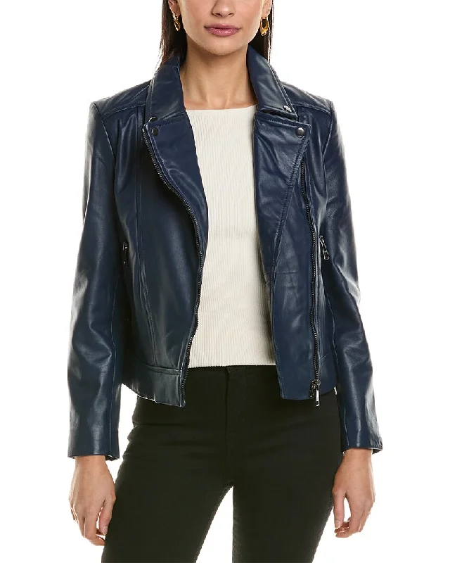 Ted Baker Fitted Leather Biker Jacket Snapped Jacket Toggled Jacket Drawstring Jacket