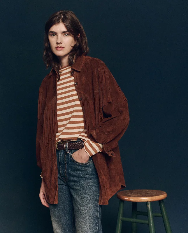 The Suede Fringe Shirt Jacket. -- Cognac Lace Jacket Ribbed Jacket Sequined Jacket