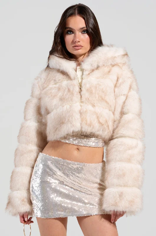 TOASTED MARSHMALLOW HOODED FAUX FUR JACKET Satin Jacket Silk Jacket Chiffon Jacket