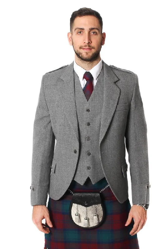 Tweed Argyle Jacket and 5 Button Vest - Light Grey Tweed Toggled Jacket Drawstring Jacket Belted Jacket