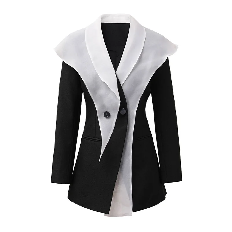 Unique Black and White Shawl Collar Long Sleeve Two Button Hybrid Jacket Herringbone Jacket Houndstooth Jacket Plaid Jacket