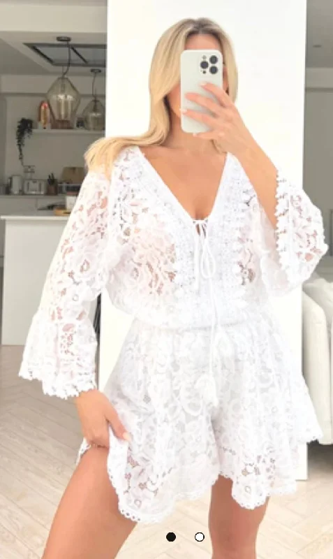 WHITE LACE BLOUSE SHORT COORD SET Embroidered Cotton Blouse