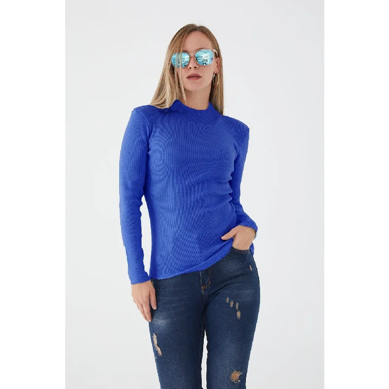 Royal Blue Turtleneck Ribbed Knitted Blouse Pleated Collar Blouse