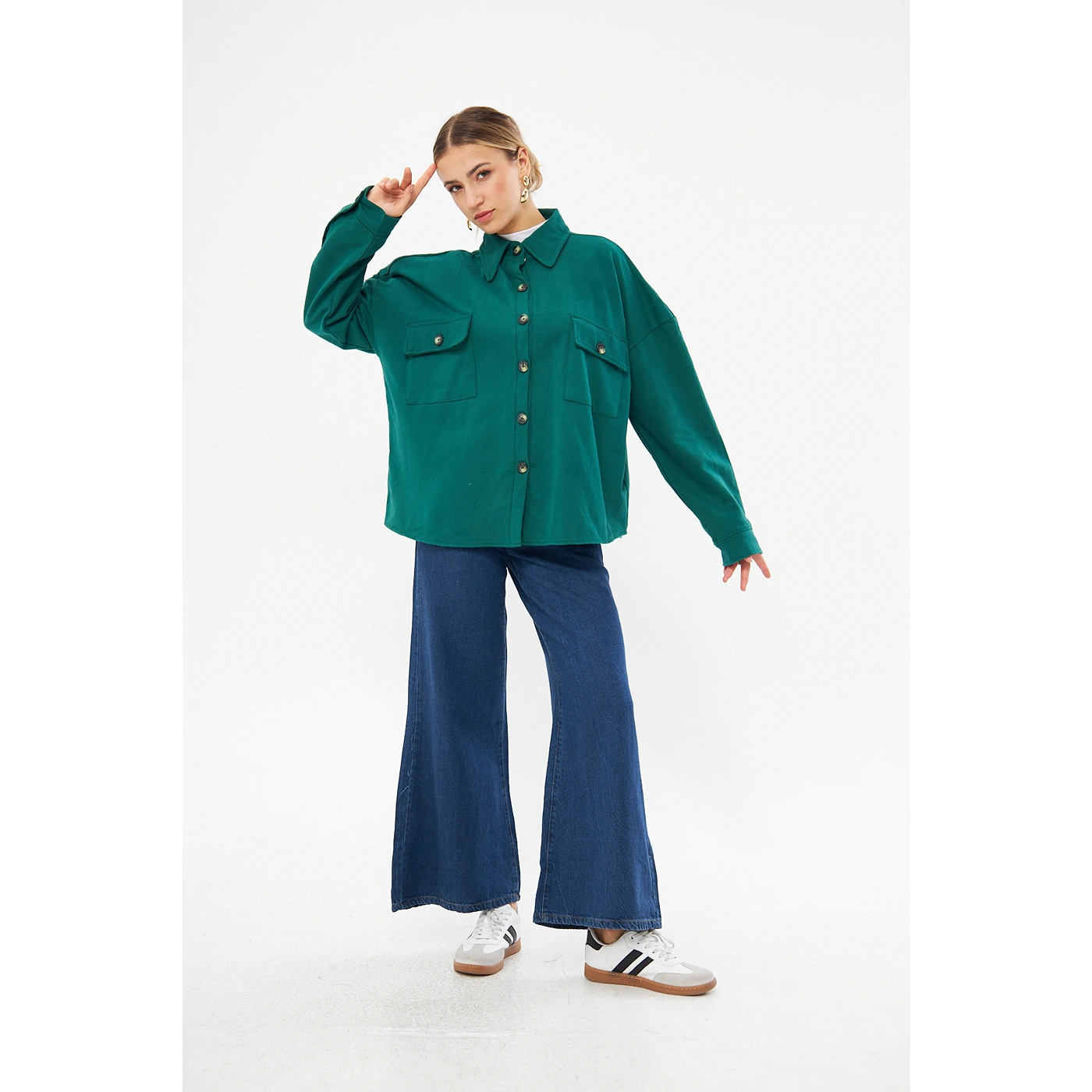 Green Oversized Button Down Shacket Peter Pan Blouse