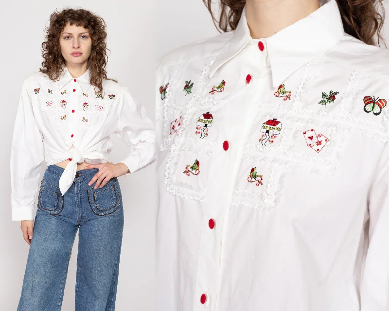 XL 80s White Embroidered Novelty Blouse Soft Knit Blouse