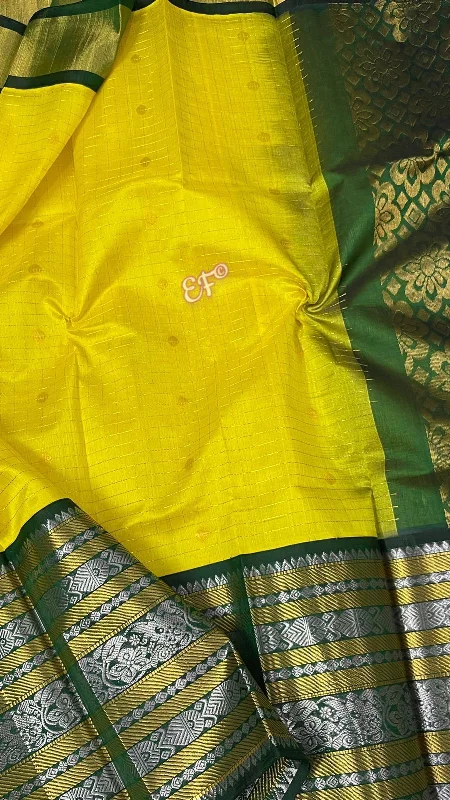 Yellow with dark green border Kupaddam silk saree with stitched blouse Feminine Satin Blouse