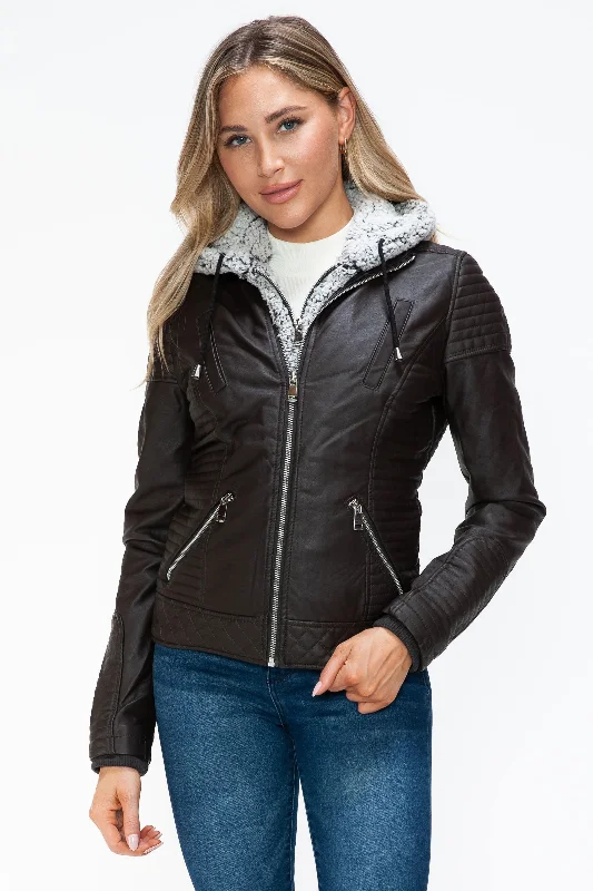 YMI Faux Layered Double-Zipper Jacket with Fuzzy Hood In Chocolate Knit Fabric Woven Fabric Fleece Fabric