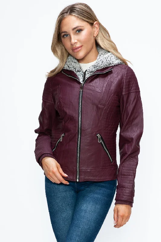 YMI Faux Layered Double-Zipper Jacket with Fuzzy Hood In Wine Front Pockets Side Pockets Patch Pockets