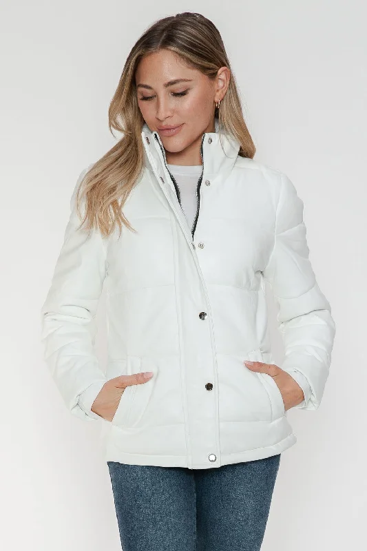 YMI Pocketed Zip Up Turtleneck Puffer Jacket In White Cardigan Sweater Pullover