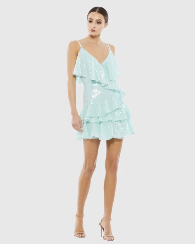 Sequined Ruffle Tiered Faux Wrap Mini Dress - FINAL SALE Fashionable Boho-Chic Mini Dress