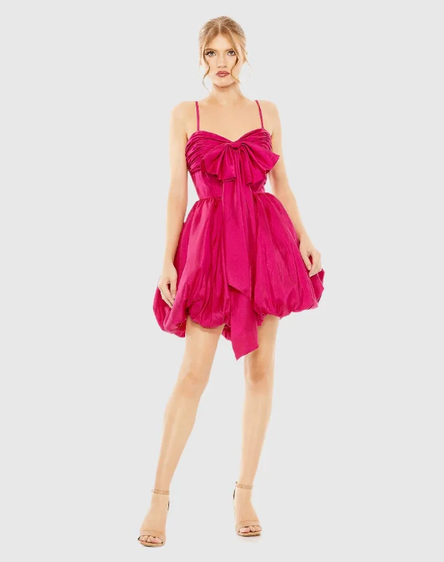 Spaghetti Strap Center Bow Balloon Mini Dress Cozy Satin Mini Dress