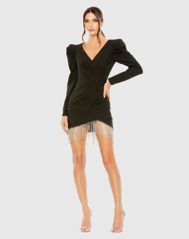 Faux Wrap Beaded Fringe Hem Mini Dress Cozy Jersey Mini Dress