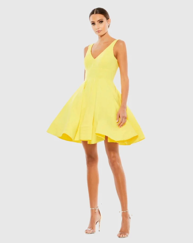 Yellow V Neck Fit & Flare Mini Dress Fashionable Mini Dress with Frills