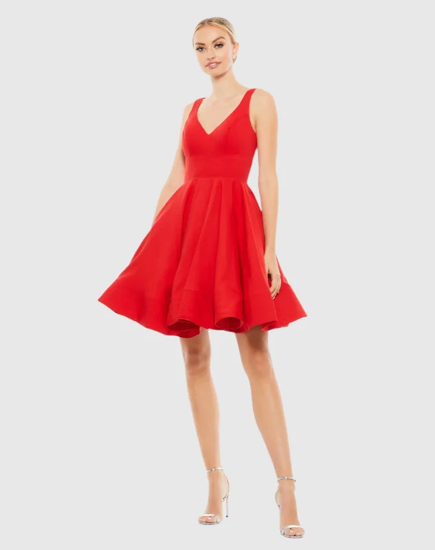 Red V Neck Fit & Flare Mini Dress Casual Mini Dress with Pockets