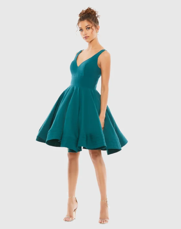 Blue V Neck Fit & Flare Mini Dress - FINAL SALE Elegant Mini Dress with Pleats