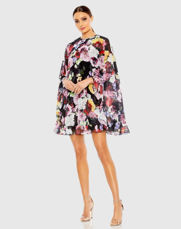 Black Multicolor Floral Print High Neck Ruffle Hem Cape Mini Dress Trendy Mini Dress with Belt