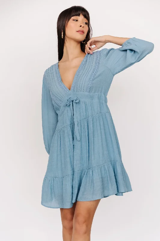 Amelia Boho Mini Dress | Blue Elegant Mini Dress with Pleats