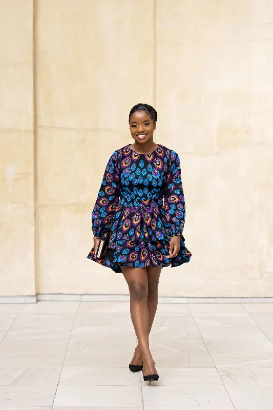 Amina Ankara Mini Dress | Blue and Purple African Print Classic Black Mini Dress