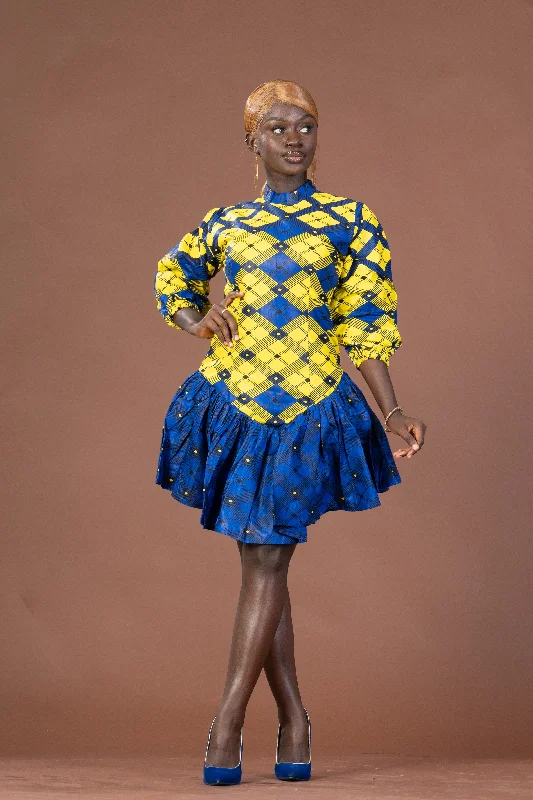 Ana Ankara Mini Dress | Yellow and Blue African Print Comfortable Polka Dot Mini Dress