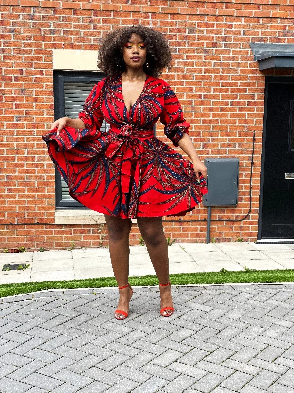 Beatrice Ankara Short Mini Dress | Red African Print Stylish Sweetheart Mini Dress