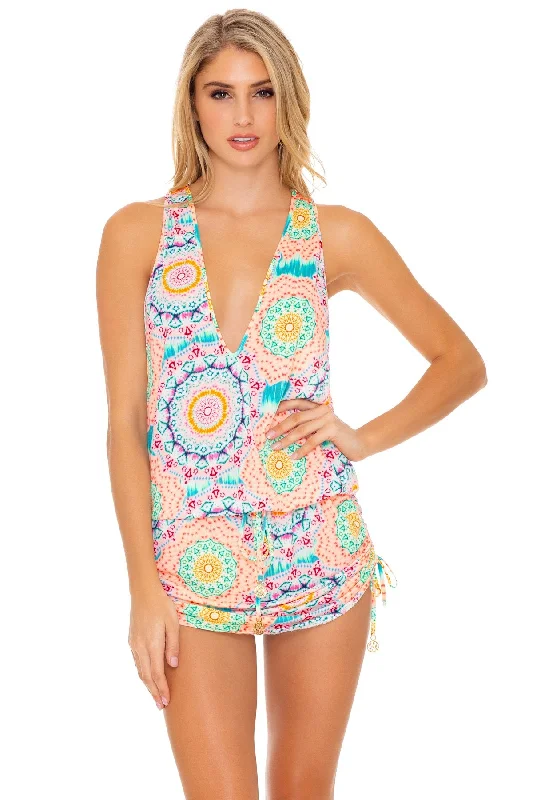 CARIBBEAN KISSES - T Back Mini Dress • Multicolor Classic White Mini Dress