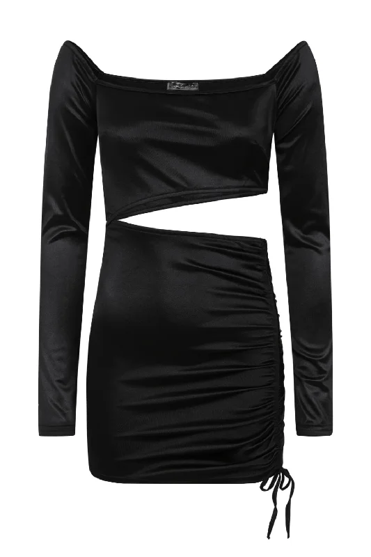 Cut It Out Black Slinky Satin Cut Out Ruched Mini Dress Trendy A-Line Mini Dress