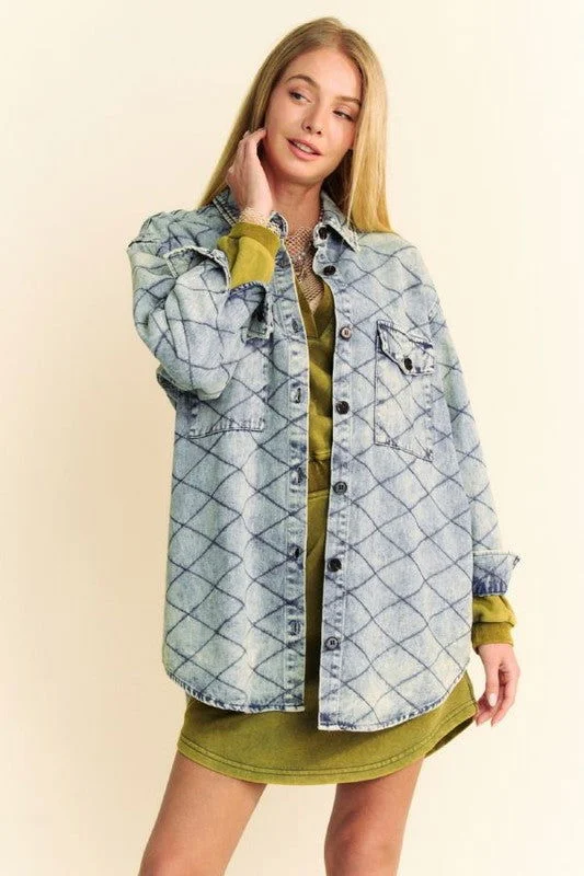 Davi & Dani Curved Hem Diamond Quilted Button Up Denim Shacket In Blue Ruched Sleeve Blouse