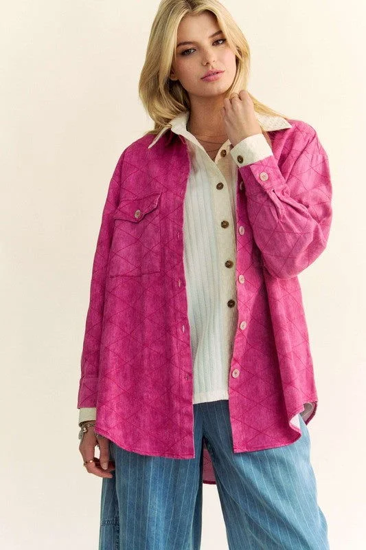 Davi & Dani Curved Hem Diamond Quilted Button Up Denim Shacket In Pink Lightweight Linen Blouse