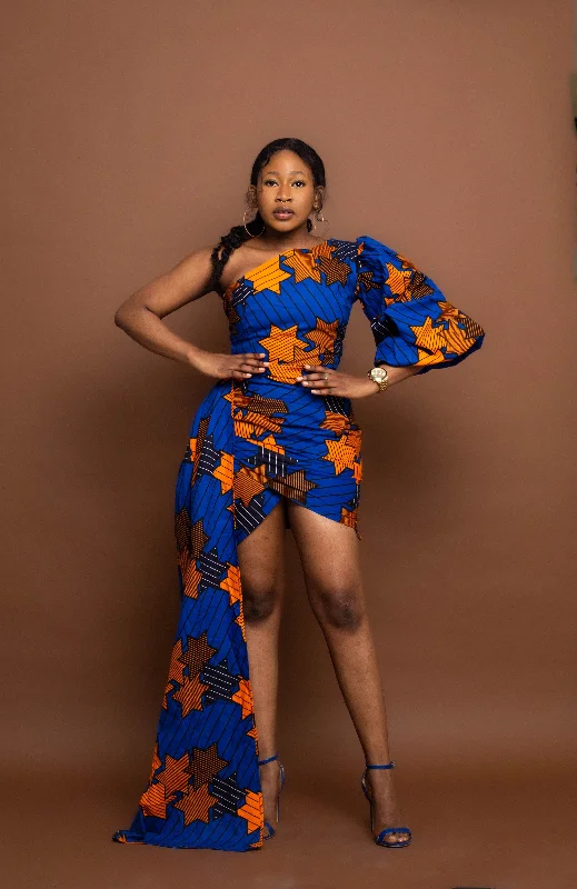 Funke Ankara Short Mini Dress | Yellow and Orange African Tribal Print Stylish Short Sleeve Mini Dress