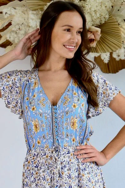 Jamilla Mini Dress - Blue/Mustard Comfortable Shift Mini Dress