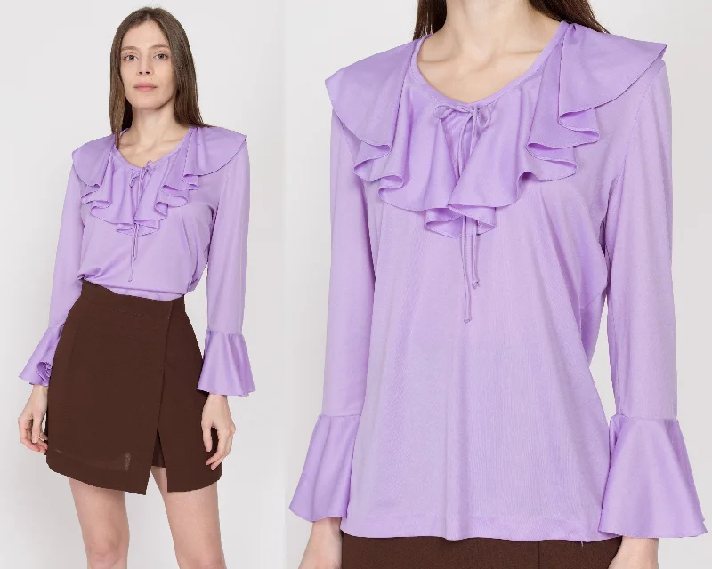 Large 70s Lilac Purple Ruffle Blouse Satin Drape Blouse