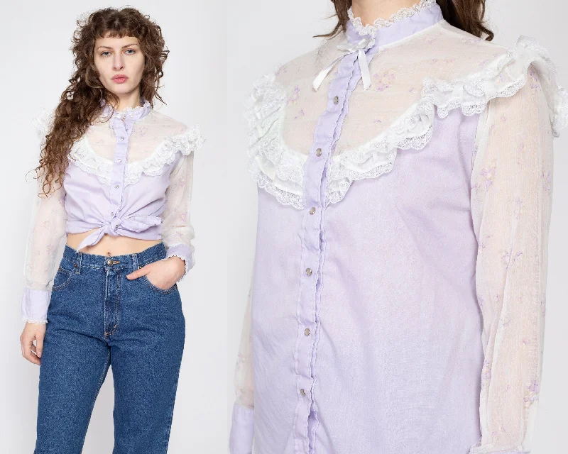 Large 70s Pastel Purple Western Lace Trim Prairie Blouse Textured Cotton Blouse