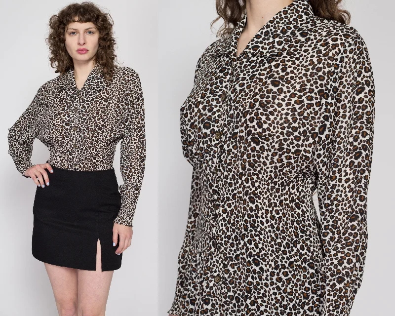 Large 80s Leopard Print Fitted Waist Blouse Sweetheart Neck Blouse