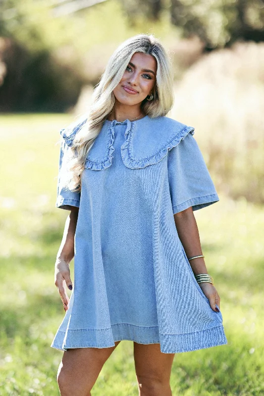 Light Denim Oversized Collar Mini Dress Stylish Puff Sleeve Mini Dress