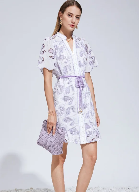 Liliah Embroidery Mini Dress - Pastel Purple Stylish Short-Sleeve Mini Dress