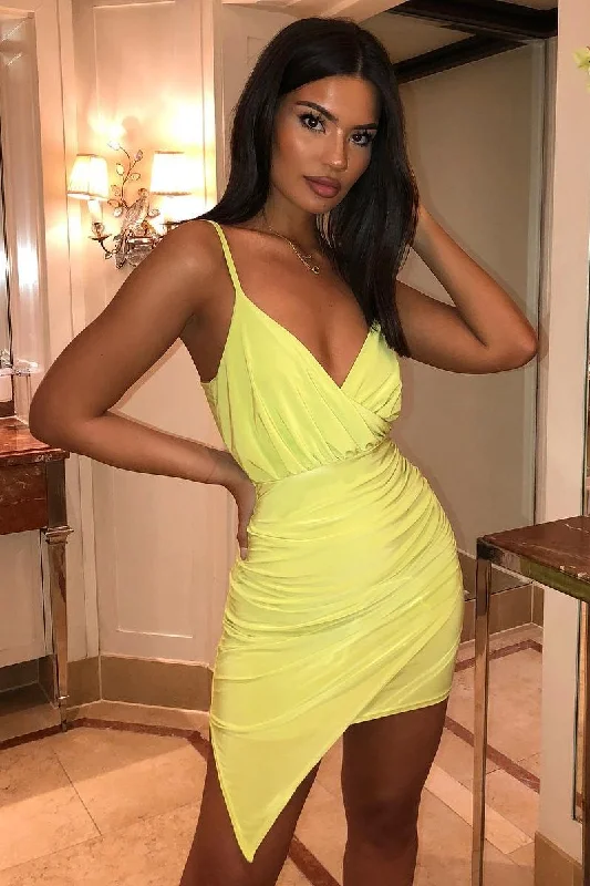 Lime Plunge Wrap Front Slinky Mini Dress - Cressie Trendy Mini Dress with Belt