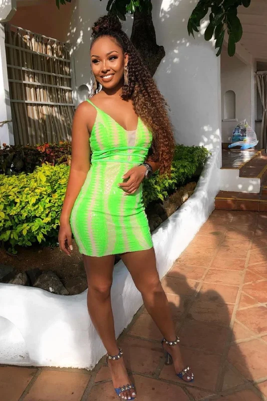 Limelight Neon Green Plunge Cage Sequin Bandage Illusion Mini Dress Comfortable Smocked Mini Dress