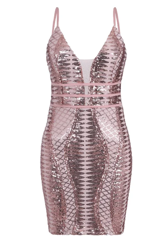 Limelight Rose Gold Nude Plunge Cage Sequin Bandage Illusion Mini Dress Trendy Button-Detail Mini Dress