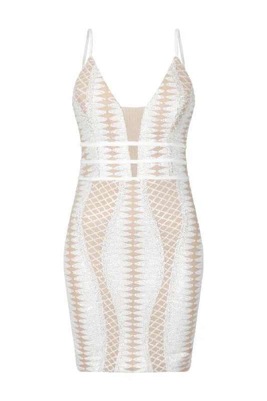 Limelight White Nude Plunge Cage Sequin Bandage Illusion Mini Dress Comfortable One-Shoulder Mini Dress